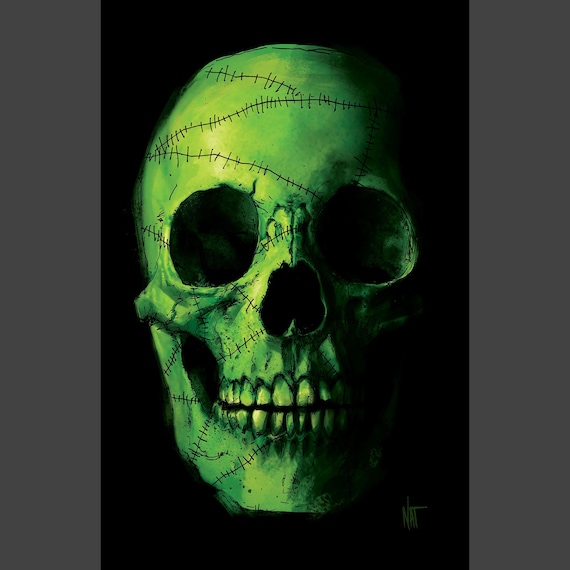 Green Skull, 6 by 9 Inch, Art Print, Stitched Skull, Frankenstein Green Skull, 6 by 9 Inch, Art Print, Stitched Skull, Frankenstein