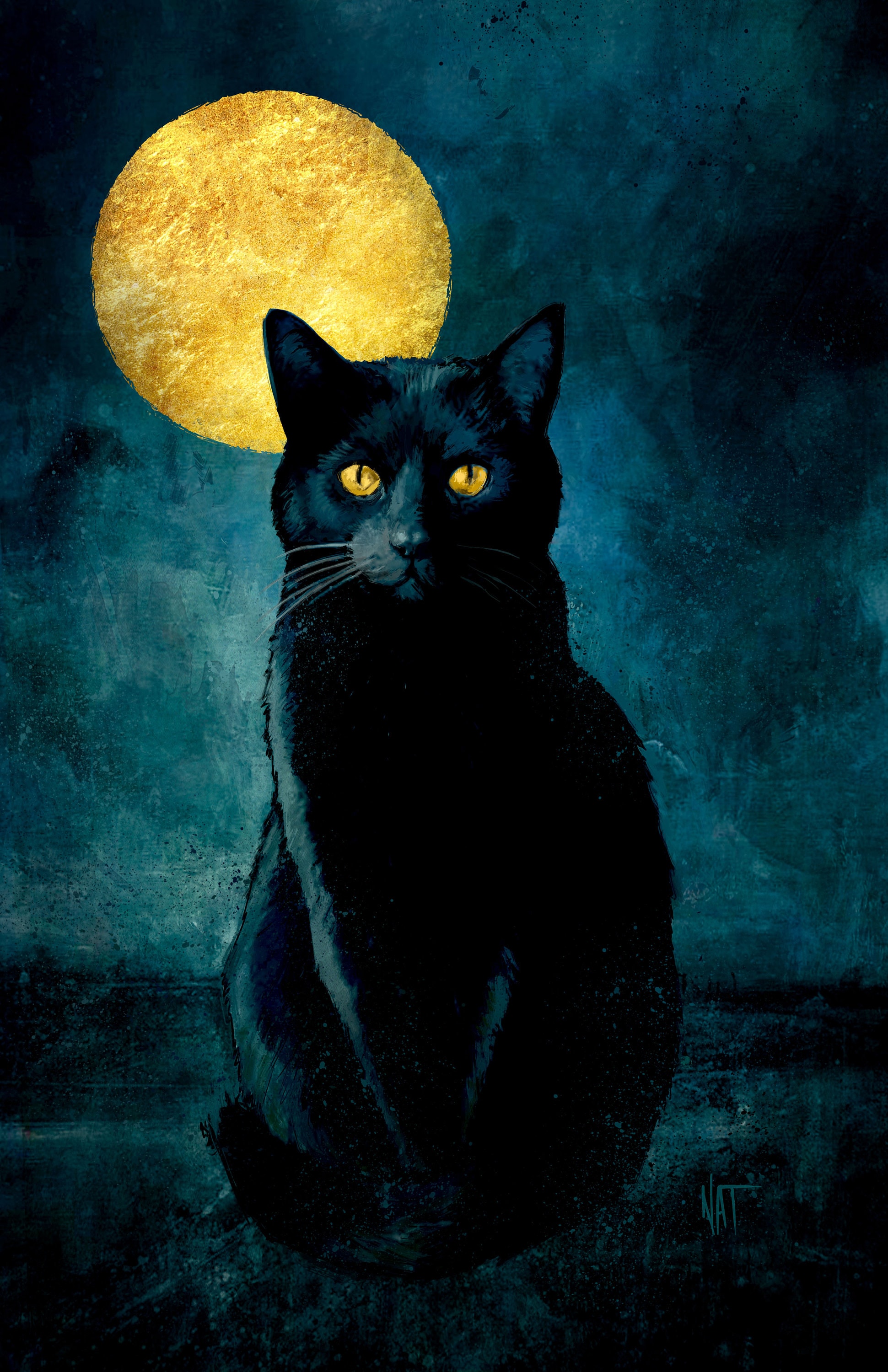 Black Cat Art Print Nat Jones 6 by 9 inch moon cat cat Etsy