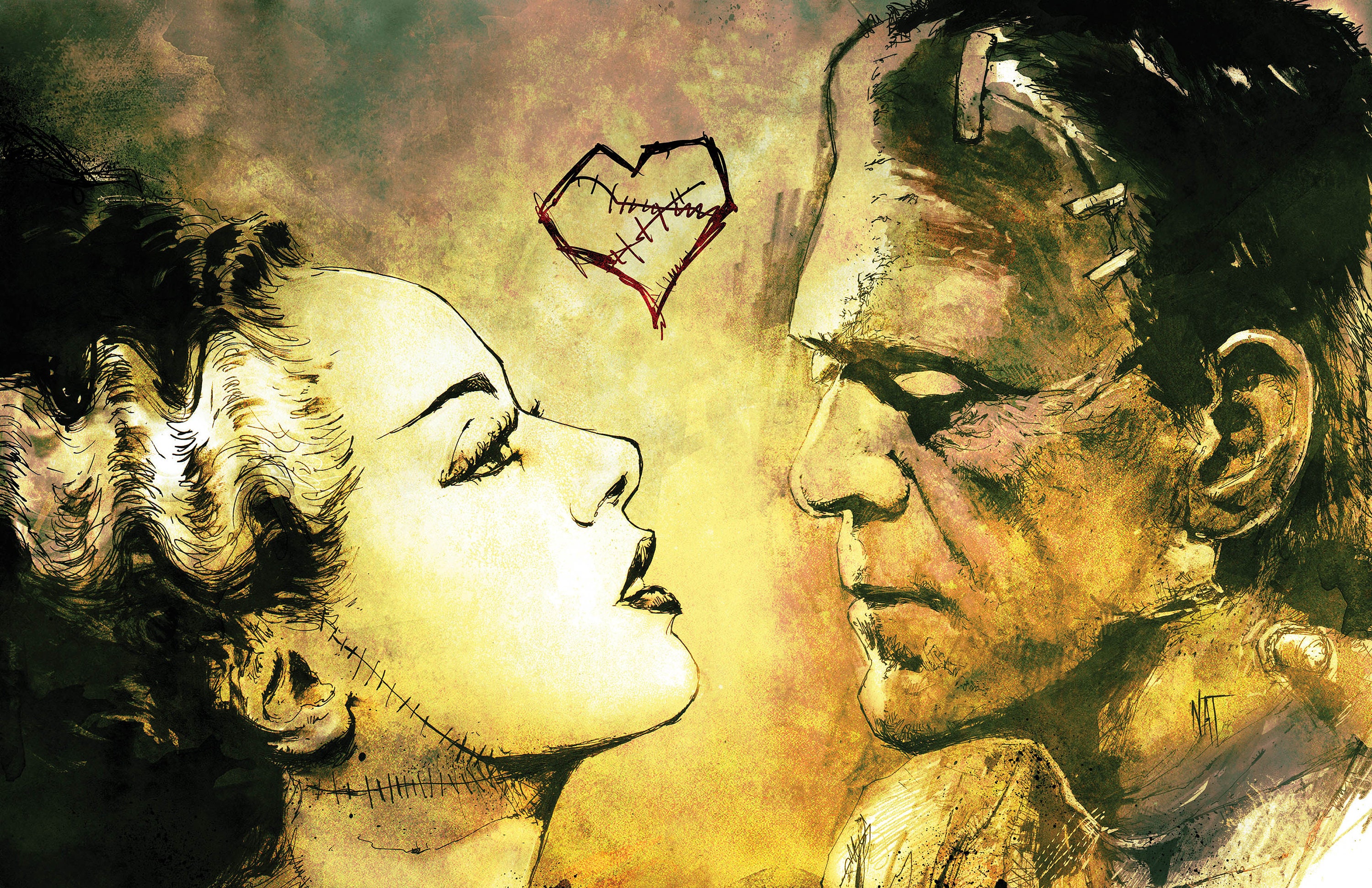 Famous Lovers, 6 by 9 inch print, Frankenstein, bride of Frankenstein, Nat Jones, art print, horror art, horror movie, lovers, romantic