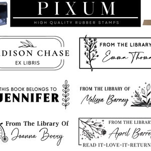 May include: A set of five black and white rubber stamps with different designs. The stamps feature floral designs, text that says "From the Library of", and the names "Emma Thomas", "Melissa Barney", "Joanna Berry", "April Barrett", and "Jennifer".