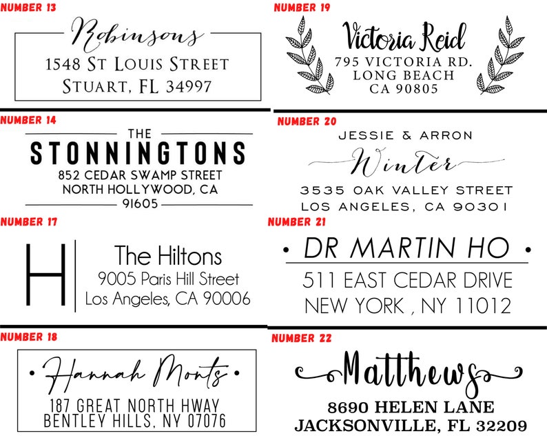 May include: A set of ten black and white return address labels with different names and addresses. The labels are numbered 13 through 22.