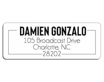 May include: A white return address label with black text. The text reads "Damien Gonzalo", "105 Broadcast Drive", "Charlotte, NC", and "28202".