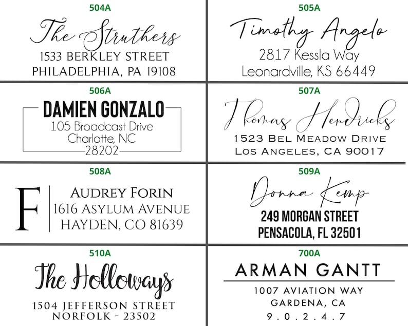 May include: A collection of ten black and white return address labels with different names and addresses. The labels are rectangular and have a white border. The text is in a black font.