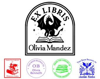 May include: Black and white Ex Libris stamp featuring a dragon over an open book, with the name "Olivia Mandez" below. Additional stamps include "From the Library of" with a dragon, and "This Book Belongs To" with names.