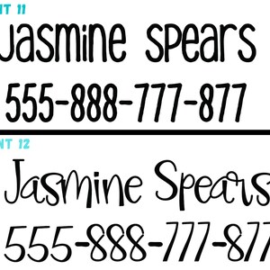 Pu&ograve; includere: Due esempi di testo in diversi font. Il primo esempio &egrave; in font 11 e il secondo esempio &egrave; in font 12. Entrambi gli esempi mostrano il nome "Jasmine Spears" e il numero di telefono "555-888-777-877".