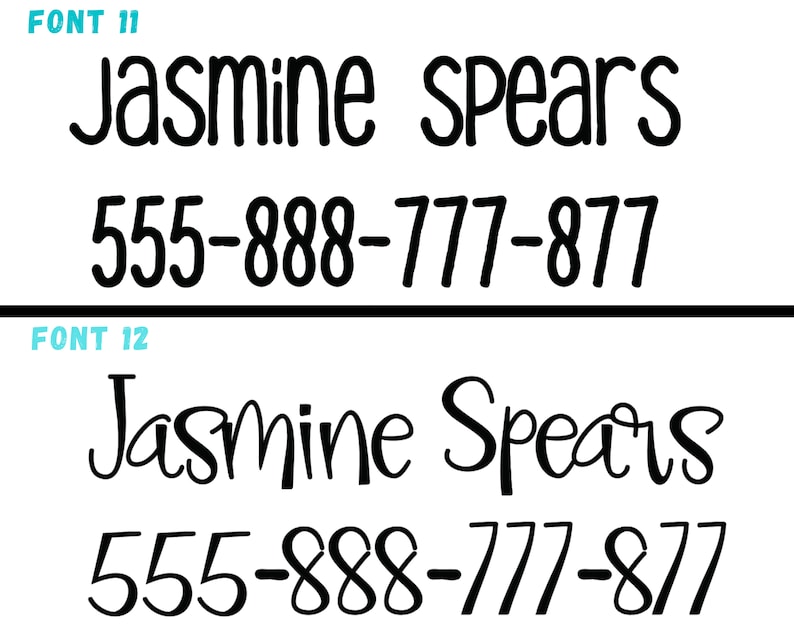 Pu&ograve; includere: Due esempi di testo in diversi font. Il primo esempio &egrave; in font 11 e il secondo esempio &egrave; in font 12. Entrambi gli esempi mostrano il nome "Jasmine Spears" e il numero di telefono "555-888-777-877".