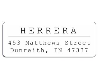 May include: A white return address label with black text. The text reads "HERRERA", "453 Matthews Street", "Dunreith, IN 47337".