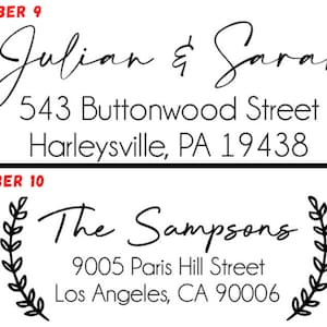 May include: Two return address labels with black text on a white background. The first label has the names "Julian & Sarah" and the address "543 Buttonwood Street, Harleysville, PA 19438". The second label has the names "The Sampsons" and the address "9005 Paris Hill Street, Los Angeles, CA 90006".
