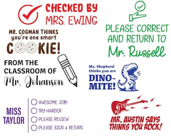 May include: A set of colorful teacher stamps with various messages, including "Checked by Mrs. Ewing", "Mr. Cogman thinks you're one smart cookie!" and "Please correct and return to Mr. Russell".