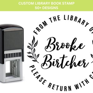 PIXUMDESIGNS Custom From The Library Of Book Stamp, Personalized Book Stamp, Script, Floral, This Book Belongs To, Ex Libris Teacher Gift