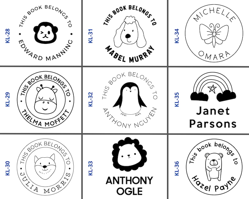 May include: Nine black and white bookplate stamps with different animal illustrations and names. The stamps are labeled with numbers KL-28 through KL-36.