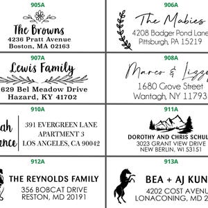 May include: A set of ten black and white return address stamps with different designs and text. The stamps are arranged in a grid of two rows and five columns. The text on the stamps includes names, addresses, and the words "The Browns", "Lewis Family", "Sarah Clarence", "The Mabies", "Marco & Lizzy", "DOROTHY AND CHRIS SCHULTZ", "THE REYNOLDS FAMILY", "BEA + AJ KUNZE".