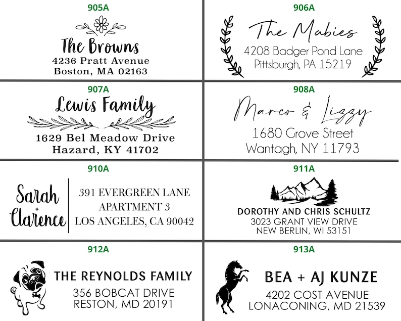 May include: A set of ten black and white return address stamps with different designs and text. The stamps are arranged in a grid of two rows and five columns. The text on the stamps includes names, addresses, and the words "The Browns", "Lewis Family", "Sarah Clarence", "The Mabies", "Marco & Lizzy", "DOROTHY AND CHRIS SCHULTZ", "THE REYNOLDS FAMILY", "BEA + AJ KUNZE".