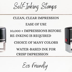 May include: Two self-inking stamps, one black and one gray, with red buttons. The text on the image reads "Self-Inking Stamps", "Clean, Clear Impression", "Ease of Use", "10,000+ Impressions Before Re-Inking is Required", "Choice of Many Colors", "Water-Based Ink for Crisp Impression", and "Eco Friendly".