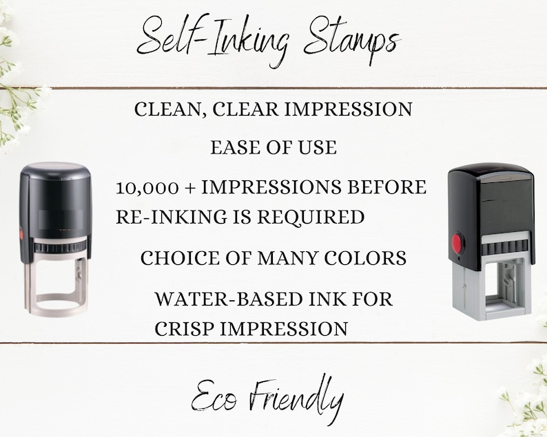 May include: Two self-inking stamps, one black and one gray, with red buttons. The text on the image reads "Self-Inking Stamps", "Clean, Clear Impression", "Ease of Use", "10,000+ Impressions Before Re-Inking is Required", "Choice of Many Colors", "Water-Based Ink for Crisp Impression", and "Eco Friendly".
