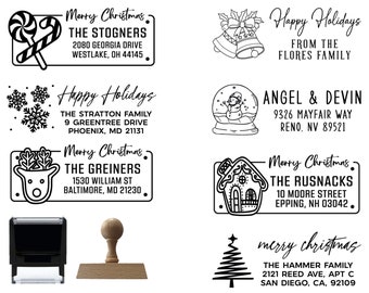 May include: A set of ten black and white holiday rubber stamps with different designs and text. The stamps include a candy cane, a snowman, a reindeer, a gingerbread house, a Christmas tree, and various holiday greetings. The text on the stamps includes "Merry Christmas", "Happy Holidays", and the names of different families.