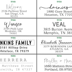 May include: A set of ten address labels with black text on white backgrounds. Each label includes a name, address, and a unique identification number.