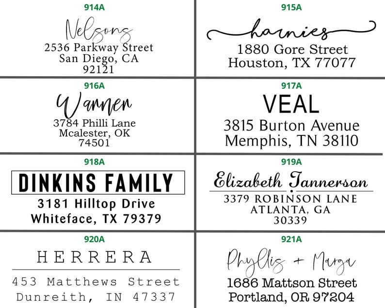 May include: A set of ten address labels with black text on white backgrounds. Each label includes a name, address, and a unique identification number.