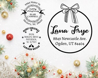 Holiday Gift, Return Address Stamp, Greetings Stamp, Merry Christmas Address Stamp, Self Ink,  Holiday Gift Idea, Wood Handle, Stocking idea