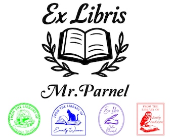 May include: A black and white Ex Libris stamp design featuring an open book, laurel branches, and the name "Mr. Parnel." Additional library stamps in green, blue, purple, and red are also shown.