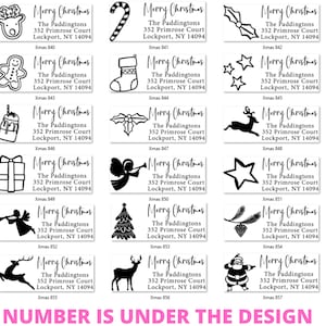 May include: A set of 16 black and white Christmas-themed rubber stamps. Each stamp features a different design, including a reindeer, a stocking, a star, a present, an angel, a tree, a feather, a deer, and Santa Claus. The stamps are all rectangular and have the text "Merry Christmas" and "The Paddingtons" printed on them.