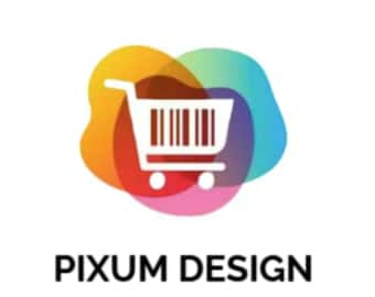 May include: A colorful abstract logo with a white shopping cart icon and the text "PIXUM DESIGN".