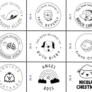 May include: Nine black and white book stamp designs with different animals and names. The stamps are circular and have the text "This book belongs to" around the edge.