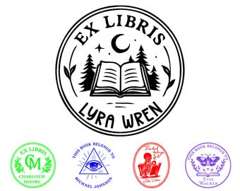May include: A collection of personalized book stamps. The main stamp is circular with the text "EX LIBRIS" and "LYRA WREN" around an open book, trees, and a crescent moon. Additional stamps include text and illustrations.