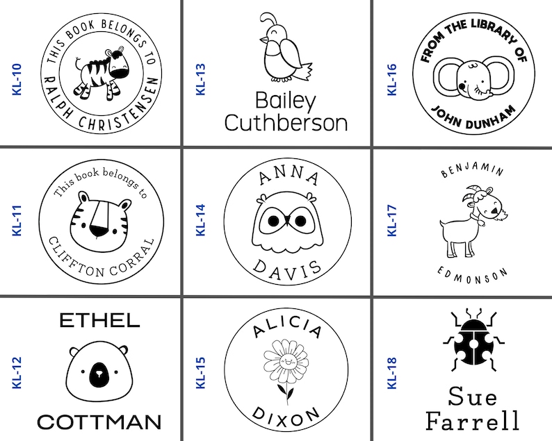 May include: A set of nine black and white bookplate stamps with different animal and nature designs. The stamps are labeled with the names "Ralph Christensen", "Bailey Cuthberson", "John Dunham", "Clifton Corral", "Anna Davis", "Benjamin Edmonson", "Ethel Cottman", "Alicia Dixon", and "Sue Farrell".