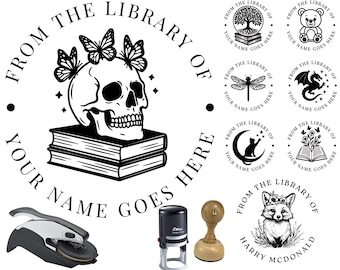 Custom Library Stamp: Book Lover Gift, Fox and Moon Design