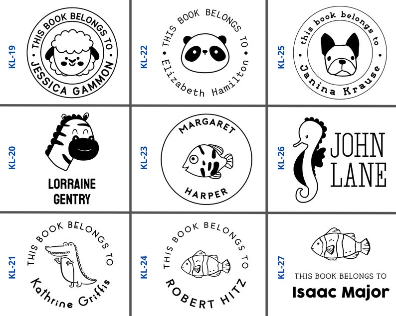 May include: Nine black and white book stamp designs with different animals and names. The stamps are circular and have the text "This book belongs to" around the edge. The animals include a sheep, panda, dog, zebra, fish, seahorse, alligator, and two different types of fish.