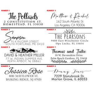 May include: A set of eight black and white return address labels with different names and addresses. The labels are numbered 1 through 8. The labels are printed on a white background.