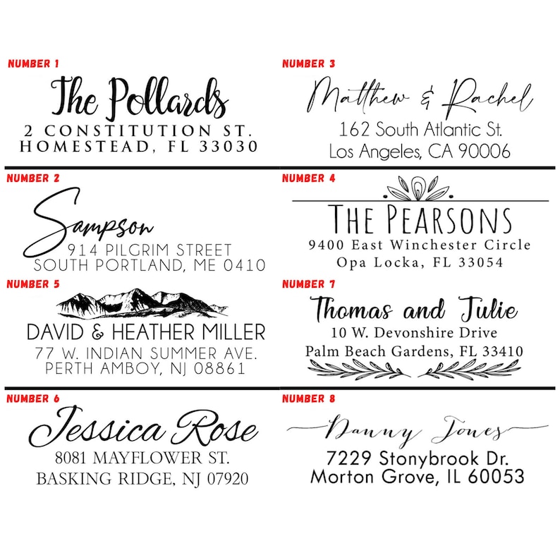 May include: A set of eight black and white return address labels with different names and addresses. The labels are numbered 1 through 8. The labels are printed on a white background.