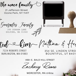 May include: A collection of return address stamps with different names and addresses. The stamps are black and white with a simple, modern design. The names include "The Mace Family", "Gonzales Family", "Ted Kim", "Nathan & Helen", and "Zachary Romo".