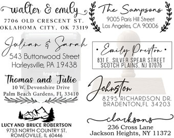 May include: A collection of black ink return address stamps featuring various names and addresses including Walter & Emily, The Sampsons, Julian & Sarah, Emily Preston, Thomas and Julie, Johnston, and the Clarksons, displayed with a rubber stamp tool.
