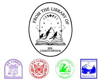 May include: A collection of custom book stamps. The main stamp is an oval design with the text "FROM THE LIBRARY OF" and "MR. CHRISTOPHER". The design includes mountains, stars, and phases of the moon. Additional stamps include floral, butterfly, and mountain designs.