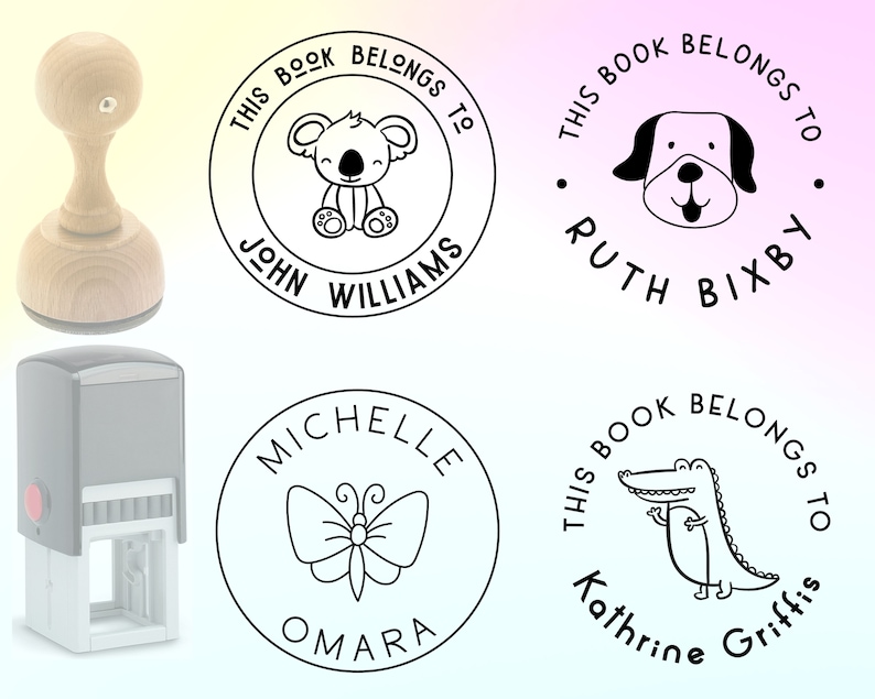 May include: Four black and white circular rubber stamps with different animal illustrations and text that reads "This book belongs to" followed by a name. The animals are a koala, a dog, a butterfly, and an alligator.