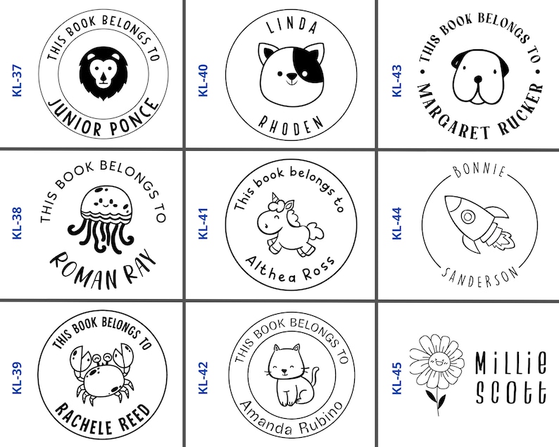 May include: Nine black and white circular stamps with different animal and object illustrations and text. The text on the stamps includes names and the phrase "This book belongs to".