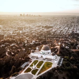 Griffith Observatory Aerial Photography | Los Angeles Skyline Sunset | LA Landmark Digital Print | Urban Landscape Wall Art | California Art
