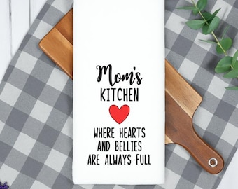 Mom's Kitchen Tea Towel, Mother's Day Gifts, Grandma's Kitchen Tea Towel, Mom's Kitchen Where Hearts and Bellies Are Always Full Towel, Gift