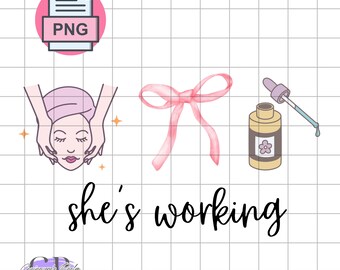 May include: A digital illustration featuring beauty and skincare elements. Includes a pink PNG file icon, a face receiving a massage, a pink ribbon, and a bottle with a dropper. The text "she's working" is also present.