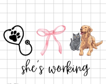 May include: Black and white paw print inside a heart shape with a stethoscope. A pink bow. A golden retriever and a gray cat. The text "she's working" in black.