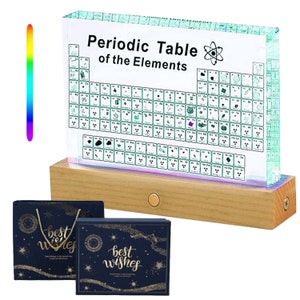 Periodensystem mit echten Elementen im Inneren, 7-Farben-LED-Holzsockel, wissenschaftliches Geschenk für Studenten, Chemie-Lehrwerkzeug, Geburtstagsgeschenk
