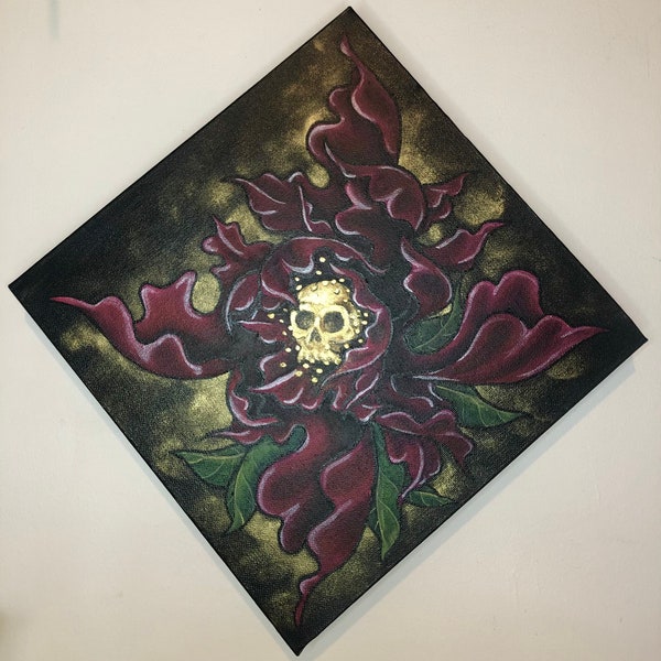 Tableau l Pivoine crâne l acrylique fleur cœur tête de mort