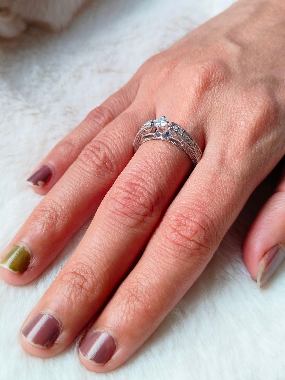 10K White Gold Ring for Women Engagement Ring Artdeco Ring 1.75 Carat