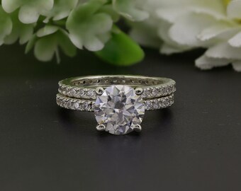 2.10 CT Round Moissanite Engagement Ring , Round Engagement Ring, 14K Solid Gold Wedding Set , Art Deco Bridal Set, Stackable Ring Set