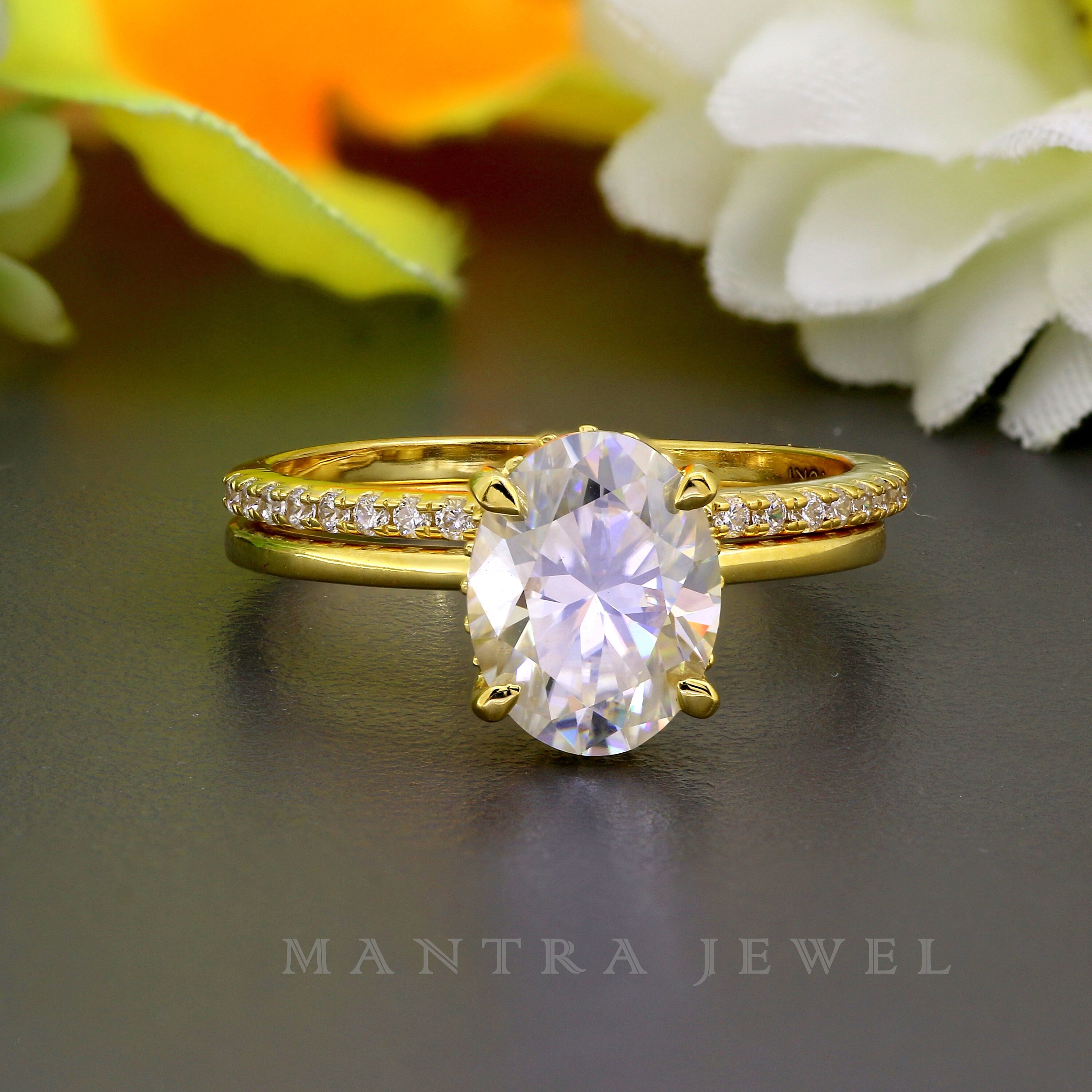 2 Carat Oval Moissanite Engagement Ring Set 14K Yellow Gold Etsy UK