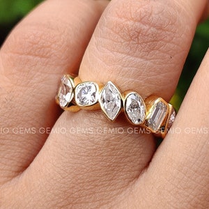4.4 TCW Multi Shape Brilliant Cut Moissanite Wedding Band, 14K Solid Yellow Gold Band, Full Eternity Band, Mixed Shape Band, Bezel Band
