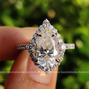 Pear Shaped Moissanite Ring 14K/18K White Gold Ring 3 Carat Halo Vintage Engagement Ring Unique Art Deco Wedding Ring Bridal Ring For Women