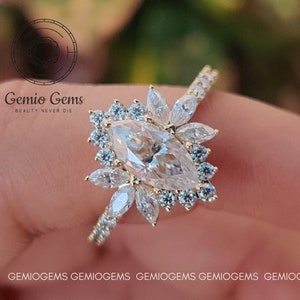1 Ct Marquise Cut Moissanite Engagement Ring, Starburst Engagement Ring, Halo Wedding Ring, 14K Yellow Gold Vintage Ring, Anniversary Ring